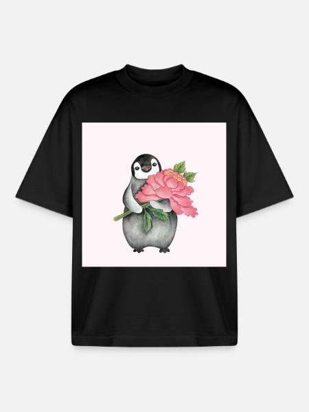 Cute Penguin with Peony - Boxy Heavyweight Unisex Organic T-Shirt by Stanley/Stella - black