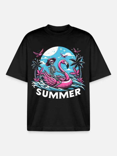 Summer Flamingo Puddle Skeleton - Boxy Heavyweight Unisex Organic T-Shirt by Stanley/Stella - black