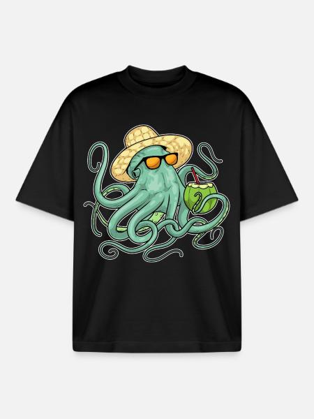 Octopus Beach Coconut Summer - Boxy Heavyweight Unisex Organic T-Shirt by Stanley/Stella - black