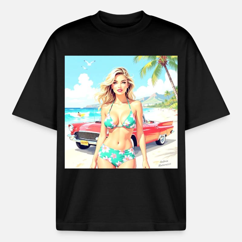 Frau am Strand mit Oldtimer - Boxy Heavyweight Unisex Organic T-Shirt von Stanley/Stella - Schwarz