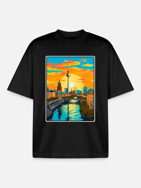 Berlin Sunset Skyline Illustration Travel Poster - Boxy Heavyweight Unisex Organic T-Shirt by Stanley/Stella - black