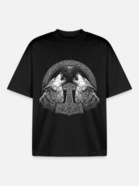 Wolf Thor Hammer Viking - Boxy Heavyweight Unisex Organic T-Shirt by Stanley/Stella - black