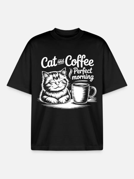 Katzenliebe und Kaffeegenuss - Boxy Heavyweight Unisex Organic T-Shirt von Stanley/Stella - Schwarz