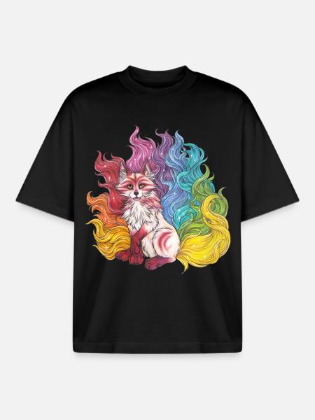 Rainbow Kitsune Mythical Fox Gift Manga - Boxy Heavyweight Unisex Organic T-Shirt by Stanley/Stella - black