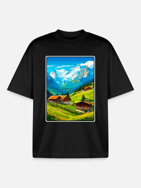 Alpines Bergdorf-Szene - Boxy Heavyweight Unisex Organic T-Shirt von Stanley/Stella - Schwarz