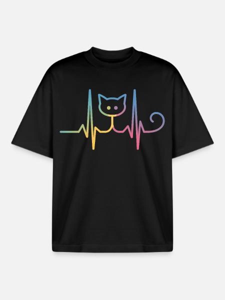 Cat ECG Heartbeat Rainbow Motif - Boxy Heavyweight Unisex Organic T-Shirt by Stanley/Stella - black