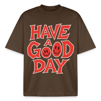 Uplifting Smile Motivational Print - Boxy Heavyweight Unisex Organic T-Shirt by Stanley/Stella - mocha - Front - AI Model Male 185 light (185cm) & AI Model Female 172 dark (172cm)