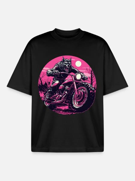 Werewolf on Motorcycle Neon Pink - Boxy Heavyweight Unisex Organic T-Shirt by Stanley/Stella - black