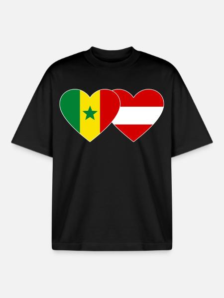 Senegal Austria Flag Hands Heart Shape - Boxy Heavyweight Unisex Organic T-Shirt by Stanley/Stella - black