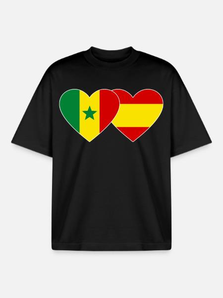Spain Senegal Flag Heart - Boxy Heavyweight Unisex Organic T-Shirt by Stanley/Stella - black