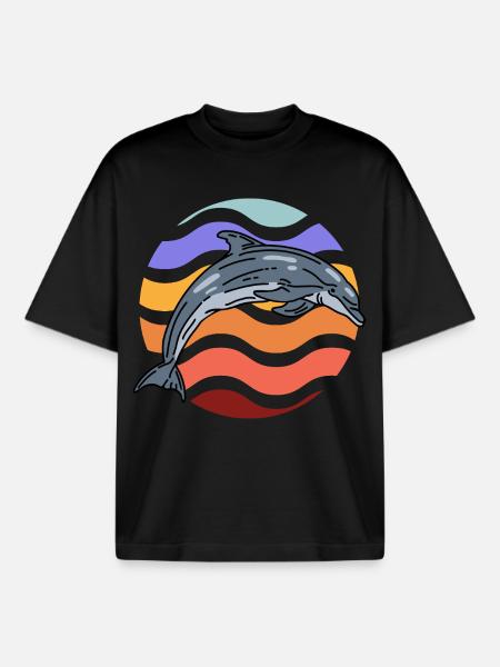 Dolphin in wave pattern - Boxy Heavyweight Unisex Organic T-Shirt by Stanley/Stella - black