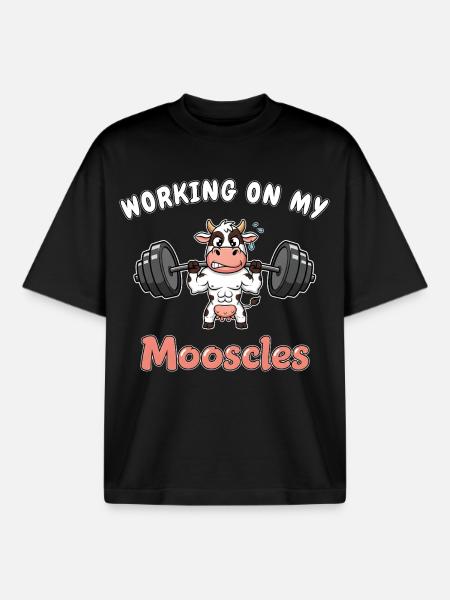 Cow - Working on my Mooscles - Funny Gym Design - Boxy Heavyweight Unisex Organic T-Shirt by Stanley/Stella - black