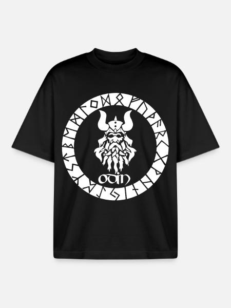 Dieu Odin et runes vikings blanches - T-shirt unisexe boxy épais biologique Stanley/Stella - noir
