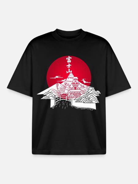 White Japanese Landscape and Red Sun - Boxy Heavyweight Unisex Organic T-Shirt by Stanley/Stella - black