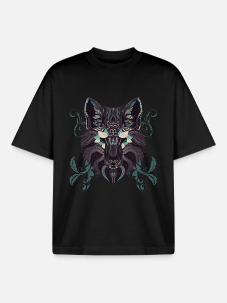 Turquoise Ornamental Wolf - Boxy Heavyweight Unisex Organic T-Shirt by Stanley/Stella - black