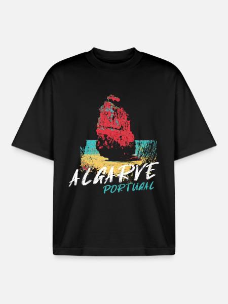 Rock Beach Algarve Illustration Portugal - Boxy Heavyweight Unisex Organic T-Shirt by Stanley/Stella - black