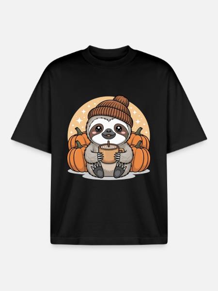 Cuddly Sloth with Pumpkins Autumn - Boxy Heavyweight Unisex Organic T-Shirt by Stanley/Stella - black