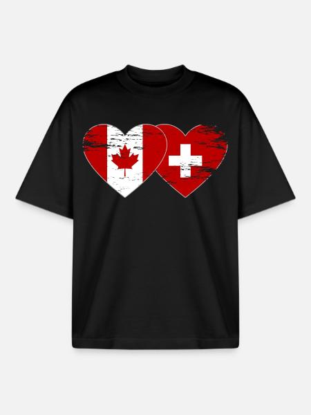 Canada Switzerland Flag Heart used - Boxy Heavyweight Unisex Organic T-Shirt by Stanley/Stella - black