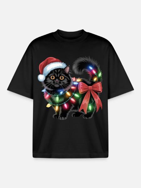 Chat de Noël - T-shirt unisexe boxy épais biologique Stanley/Stella - noir