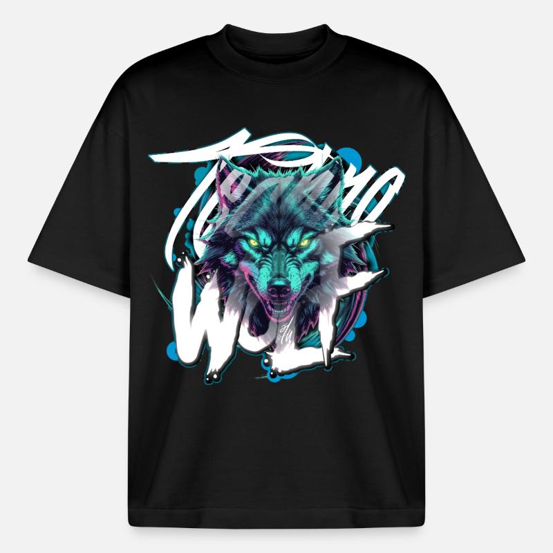 Neon Techno Wolf Head–Rave Wolf - Heavyweight Boxy Unisex T-Shirt by Stanley/Stella - black