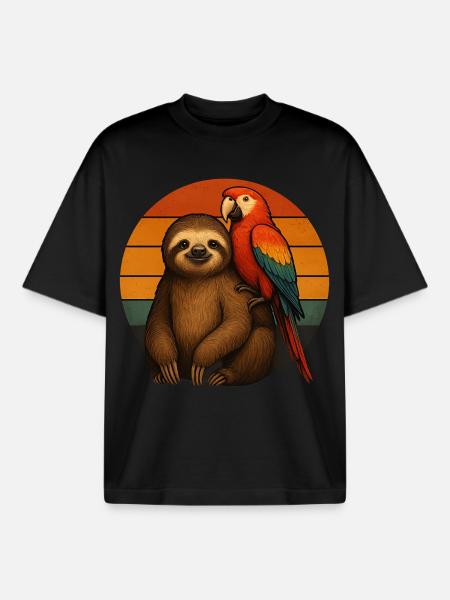 Sloth Parrot Retro Animal Friends - Boxy Heavyweight Unisex Organic T-Shirt by Stanley/Stella - black