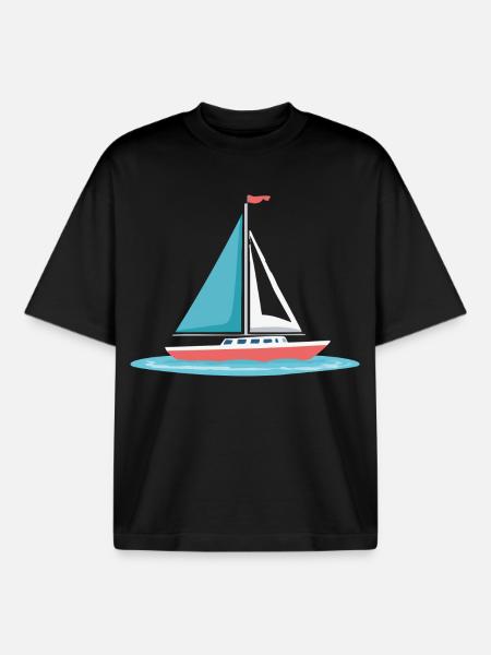 Sailboat Graphic in Mint & Red - Boxy Heavyweight Unisex Organic T-Shirt by Stanley/Stella - black