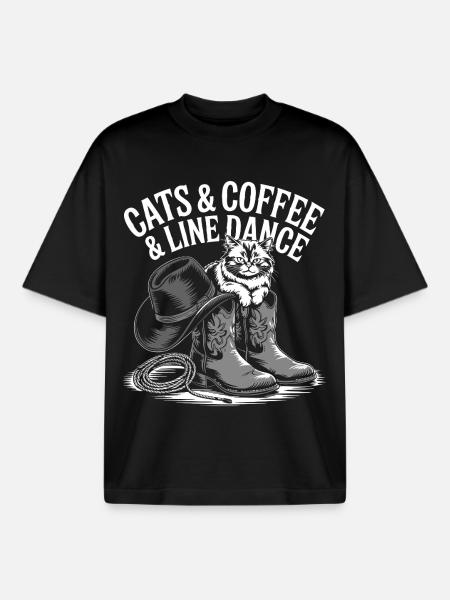 Cat Coffee Western Line Dance - Boxy Heavyweight Unisex Organic T-Shirt by Stanley/Stella - black