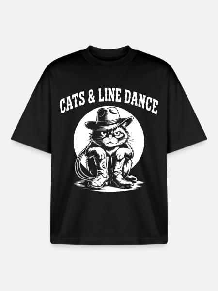 Cat Cowboy Line Dance - Boxy Heavyweight Unisex Organic T-Shirt by Stanley/Stella - black