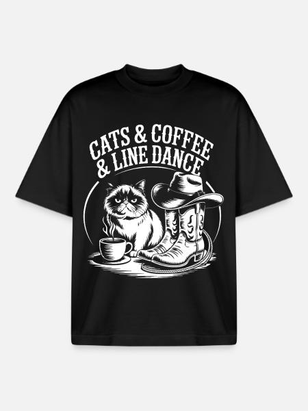 Cats Coffee Line Dance - Boxy Heavyweight Unisex Organic T-Shirt by Stanley/Stella - black