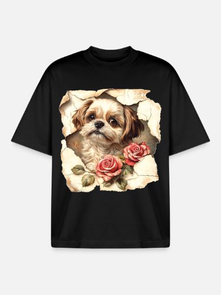 Shih Tzu Blumen - Boxy Heavyweight Unisex Organic T-Shirt von Stanley/Stella - Schwarz