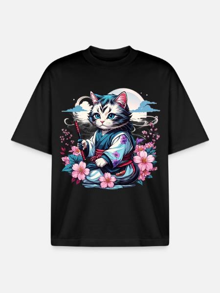 Chat Ninja Kawaii japonais - T-shirt unisexe boxy épais biologique Stanley/Stella - noir