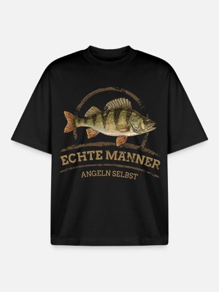 Real Men – Fishing Self Perch - Boxy Heavyweight Unisex Organic T-Shirt by Stanley/Stella - black