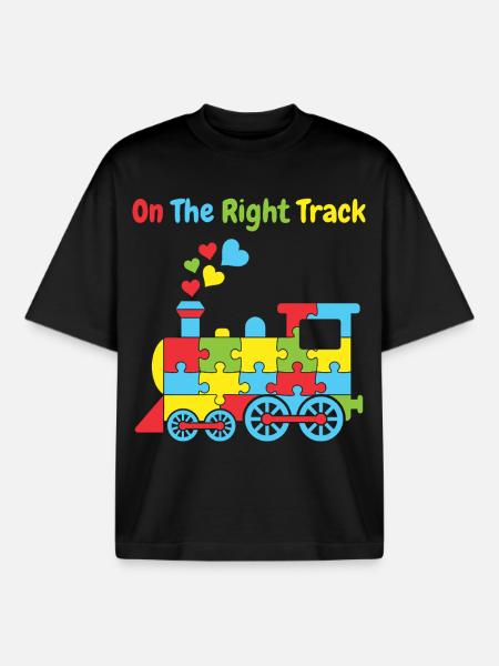 On The Right Track Autism Train - Boxy Heavyweight Unisex Organic T-Shirt by Stanley/Stella - black