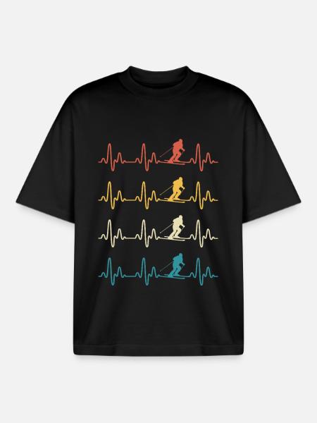 Skiing retro Heartbeat Ski Skier - Boxy Heavyweight Unisex Organic T-Shirt by Stanley/Stella - black