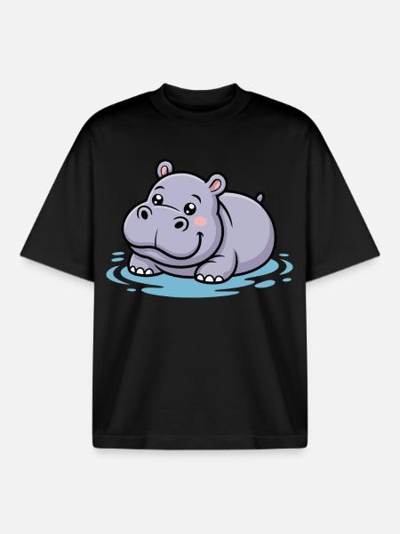 Cute hippo in a puddle - Boxy Heavyweight Unisex Organic T-Shirt by Stanley/Stella - black