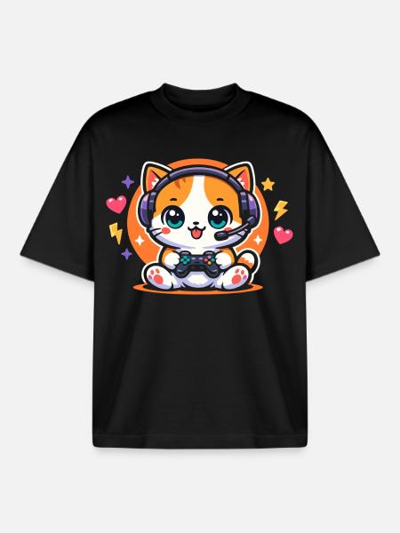 Gaming Cat – Funny Gambling Saying - Boxy Heavyweight Unisex Organic T-Shirt by Stanley/Stella - black