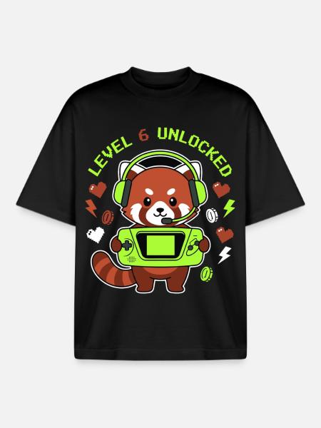 Level 6 Unlocked Red Panda Gamer - Boxy Heavyweight Unisex Organic T-Shirt by Stanley/Stella - black