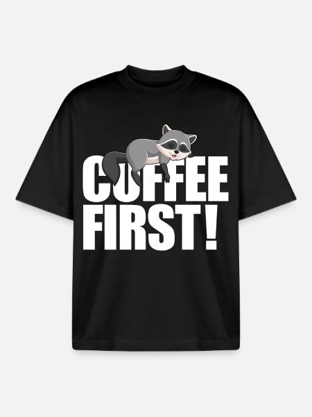 Raccoon Coffee First - Boxy Heavyweight Unisex Organic T-Shirt by Stanley/Stella - black