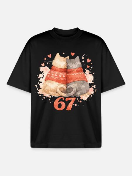 67 Six Seven Cat Valentine Heart Meow Gave - Stanley/Stella unisex boxy heavyweight T-shirt økologisk - sort