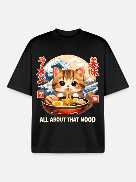 Kawaii Kitten Ramen Anime - Boxy Heavyweight Unisex Organic T-Shirt by Stanley/Stella - black