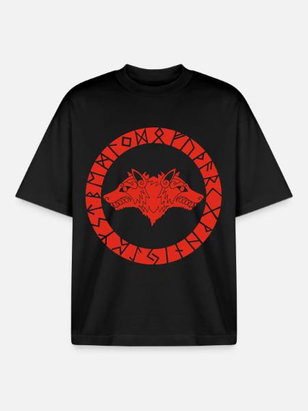 Red Viking Wolf with Two Heads - Boxy Heavyweight Unisex Organic T-Shirt by Stanley/Stella - black