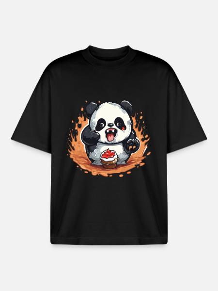 Panda Fire Cupcake Cartoon - Boxy Heavyweight Unisex Organic T-Shirt by Stanley/Stella - black