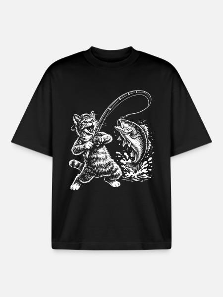 Poisson-chat drôle pêcheur - T-shirt unisexe boxy épais biologique Stanley/Stella - noir