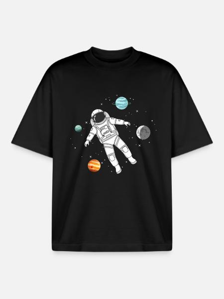 Astronaut floats in space with planets - Boxy Heavyweight Unisex Organic T-Shirt by Stanley/Stella - black