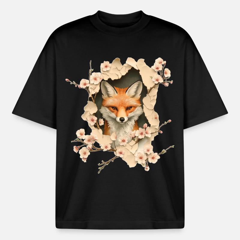 Fuchs mit Kirschblüten - Boxy Heavyweight Unisex Organic T-Shirt von Stanley/Stella - Schwarz