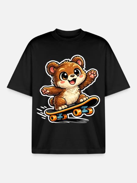 Cuddly Bear Skateboard Adventure - Boxy Heavyweight Unisex Organic T-Shirt by Stanley/Stella - black