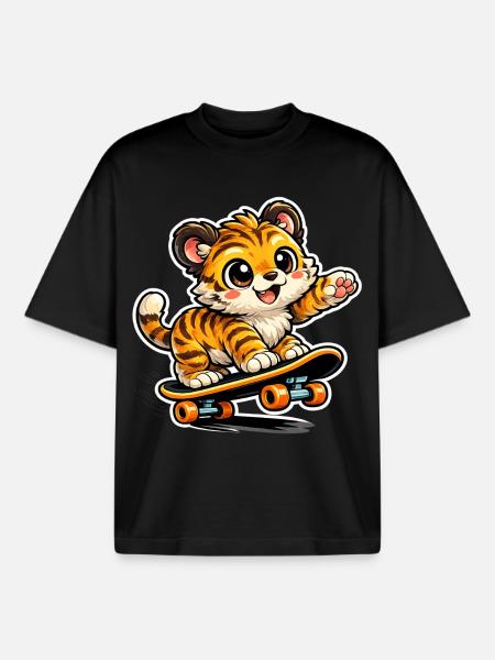 Cute Tiger Skateboard Adventure - Boxy Heavyweight Unisex Organic T-Shirt by Stanley/Stella - black