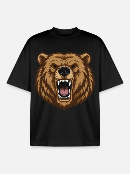 Grizzly_Head_Ours_Rugissant_Portrait - Boxy Heavyweight Unisex Organic T-Shirt by Stanley/Stella - black