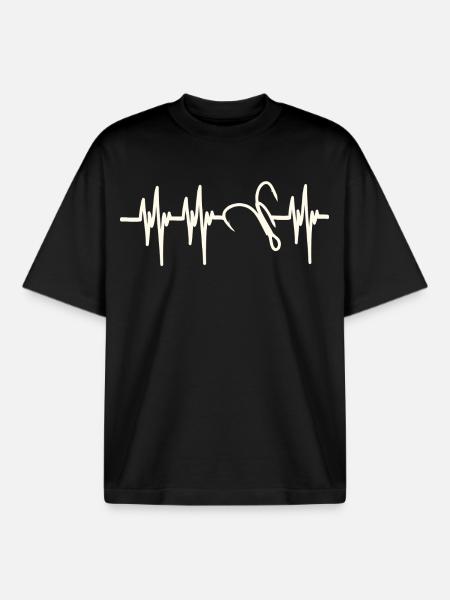 Heartbeat Fish Hook - Boxy Heavyweight Unisex Organic T-Shirt by Stanley/Stella - black