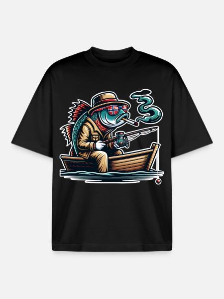 Fishing Norway Funny Fish - Boxy Heavyweight Unisex Organic T-Shirt by Stanley/Stella - black